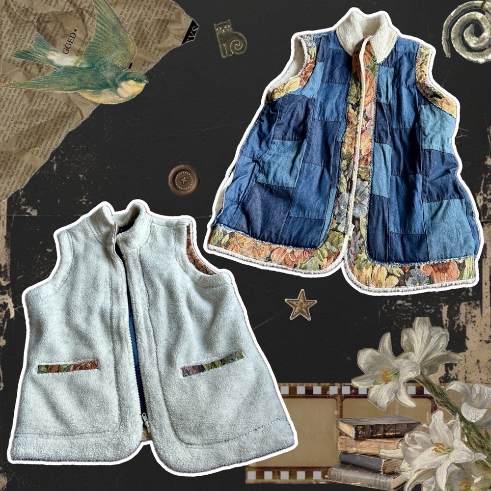 Vintage Upcycled Reversible Patchwork Denim, Floral, and Fleece Zip-Up Vest